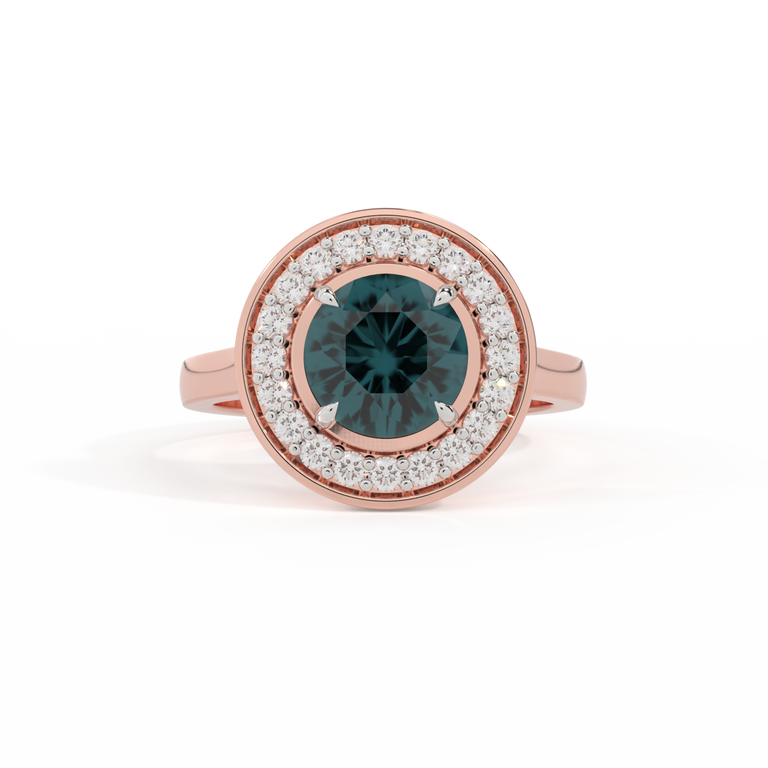 Deco Round Teal Sapphire 18K Rose Gold Ring