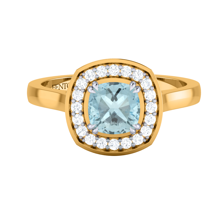 Deco Cushion Aquamarine 18K Yellow Gold Ring