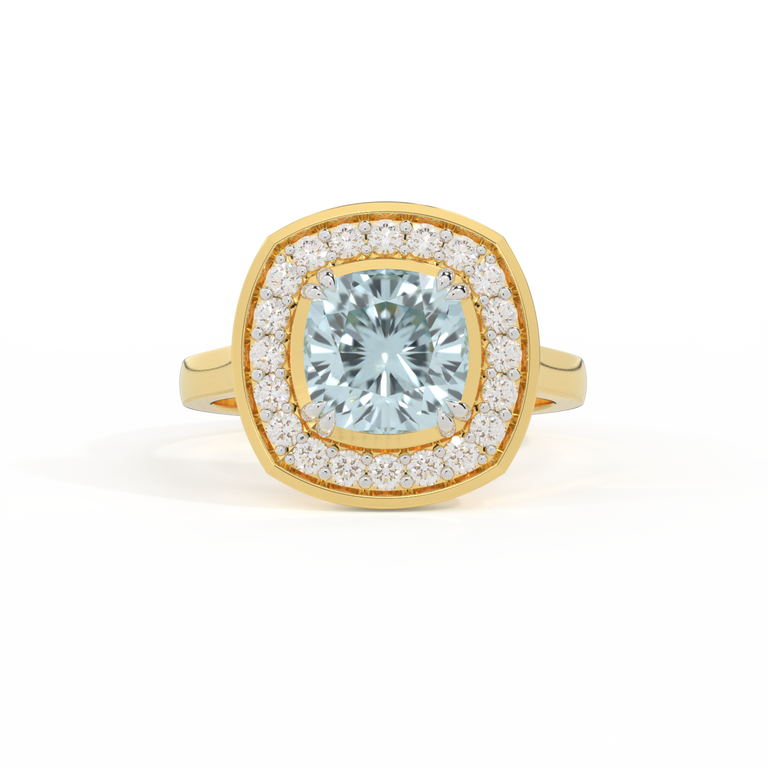 Deco Cushion Aquamarine 18K Yellow Gold Ring