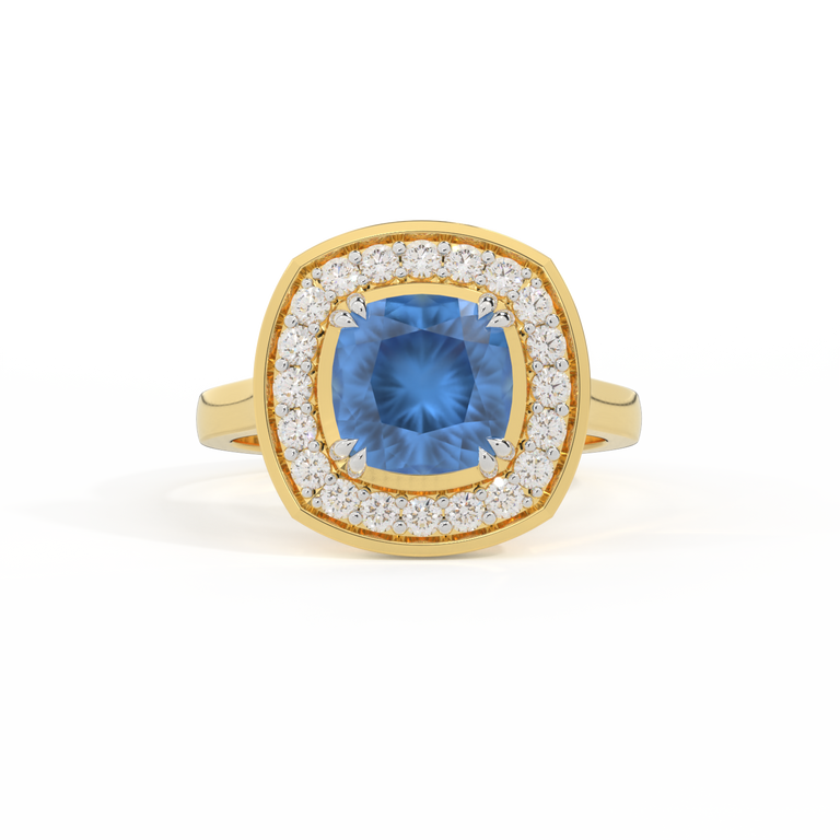 Deco Cushion Blue Sapphire 18K Yellow Gold Ring