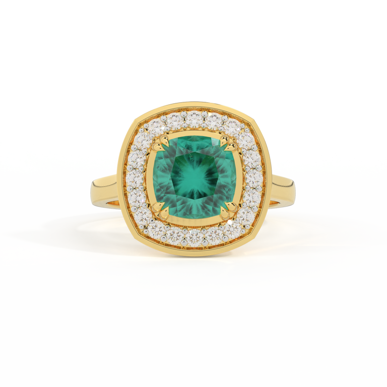 Deco Cushion Emerald 18K Yellow Gold Ring