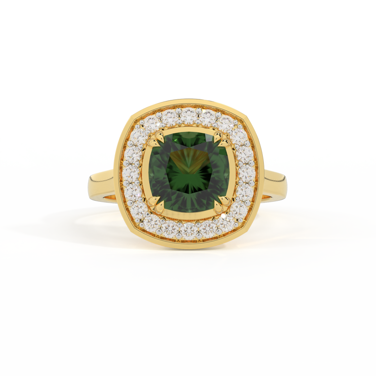 Deco Cushion Green Sapphire 18K Yellow Gold Ring