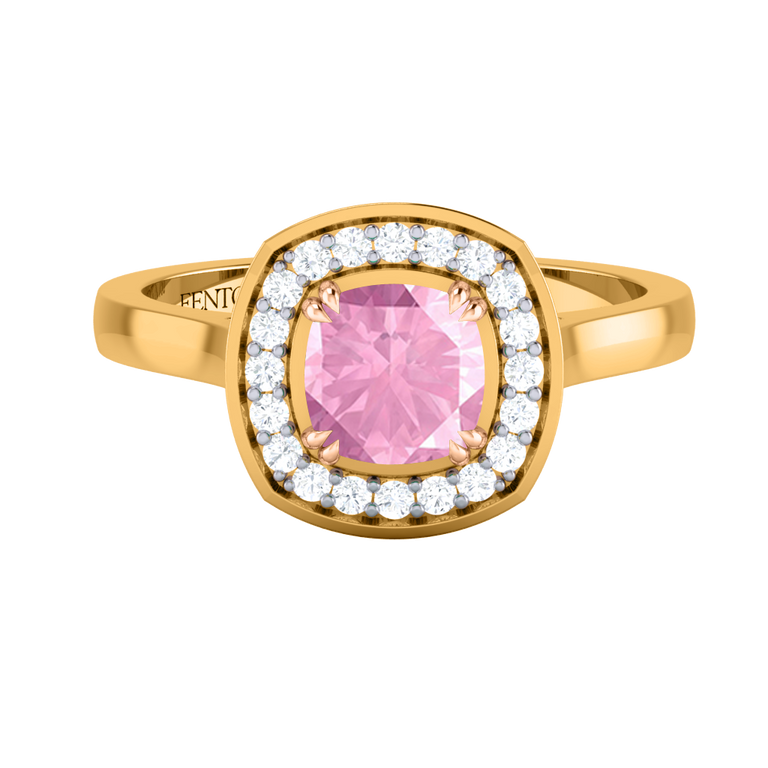 Deco Cushion Pink Sapphire 18K Yellow Gold Ring