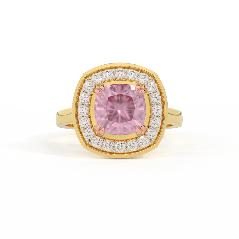 Deco Cushion Pink Sapphire 18K Yellow Gold Ring