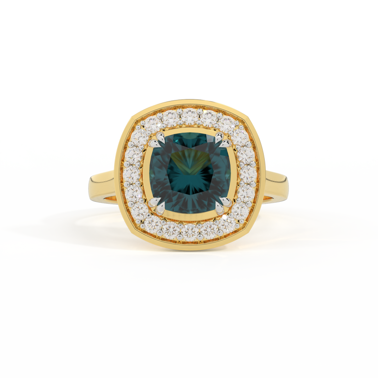 Deco Cushion Teal Sapphire 18K Yellow Gold Ring