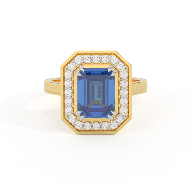 Deco Emerald Blue Sapphire 18K Yellow Gold Ring
