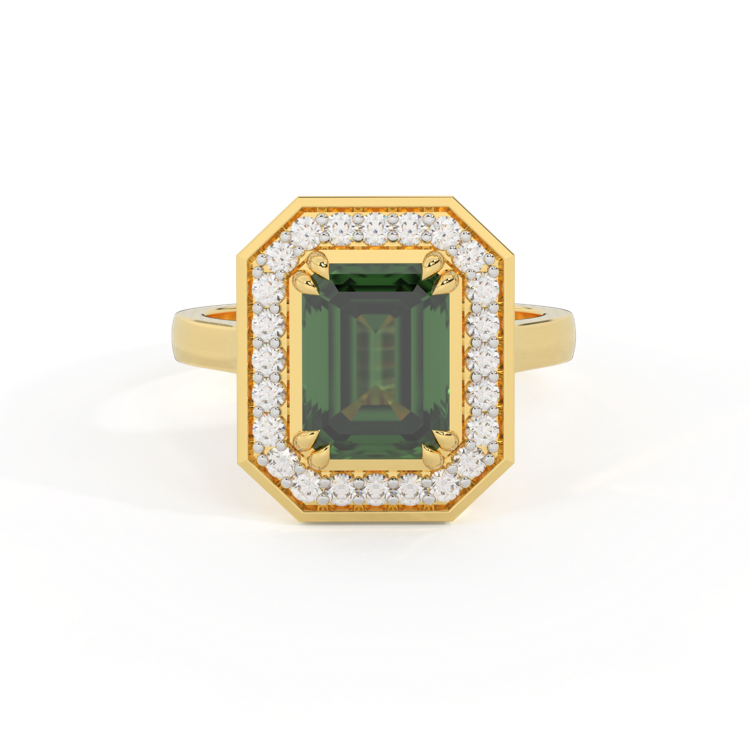 Deco Emerald Green Sapphire 18K Yellow Gold Ring
