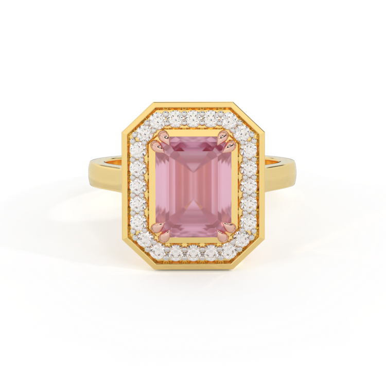 Deco Emerald Pink Sapphire 18K Yellow Gold Ring