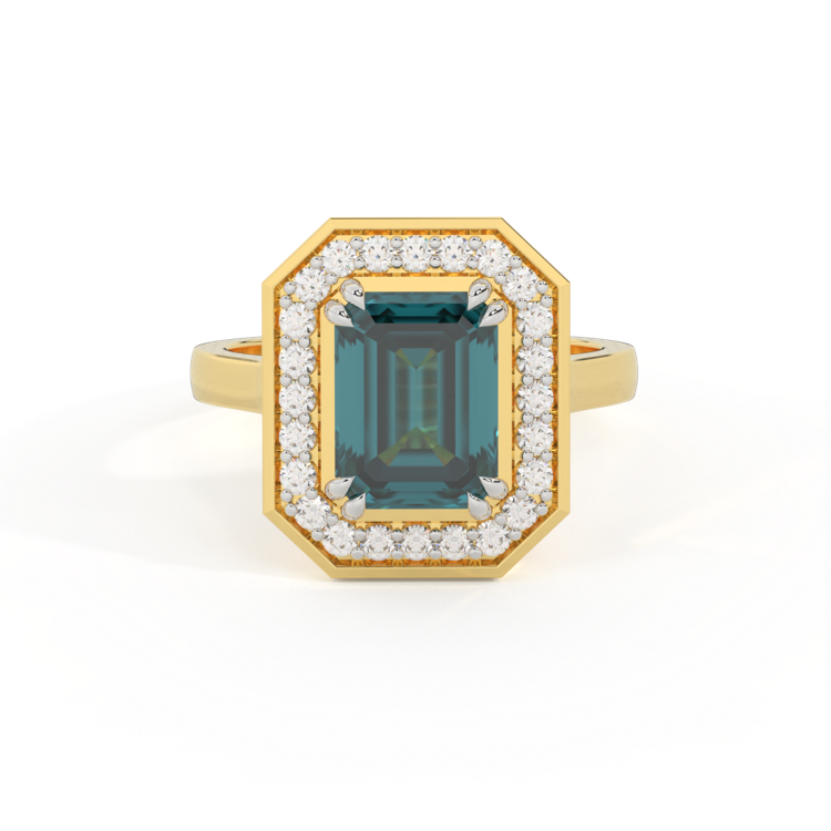 Deco Emerald Teal Sapphire 18K Yellow Gold Ring