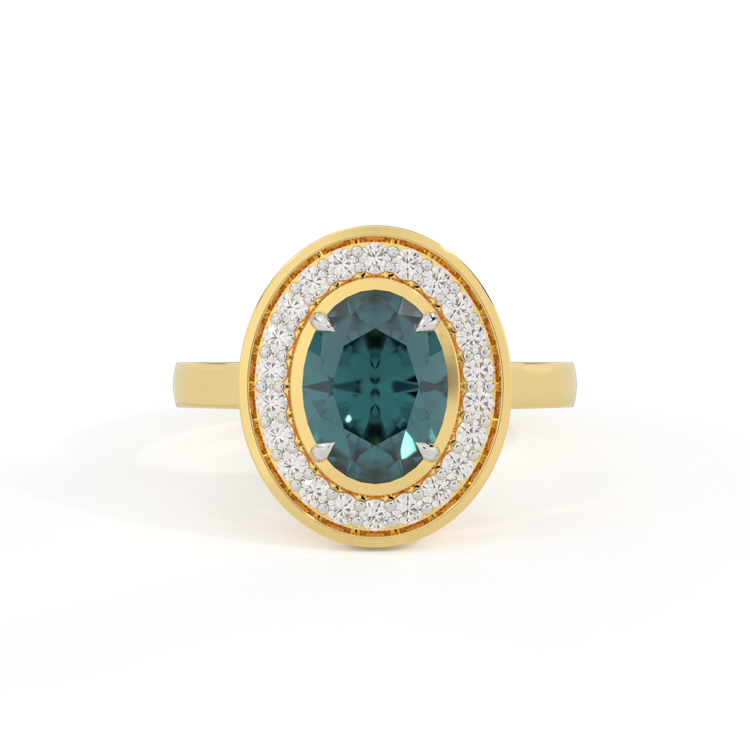Deco Oval Teal Sapphire 18K Yellow Gold Ring