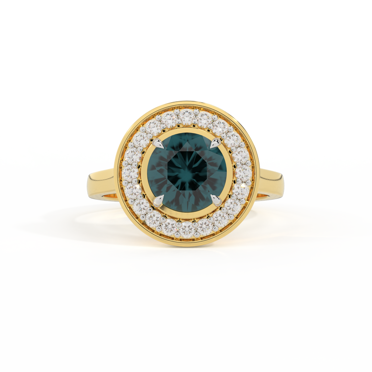 Deco Round Teal Sapphire 18K Yellow Gold Ring