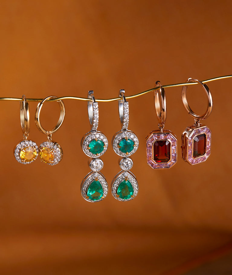 Yellow sapphire, emerald, and ruby drop earrings