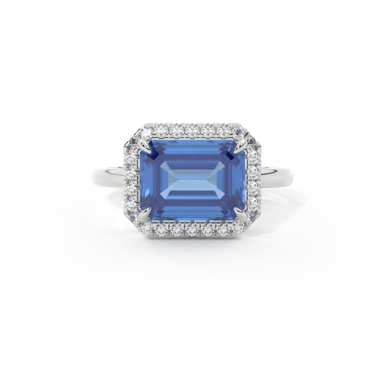 East West Emerald Blue Sapphire Platinum Ring
