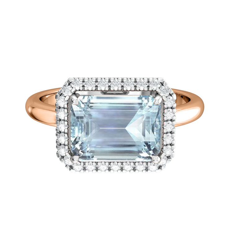 East West Emerald Aquamarine 18K Rose Gold Ring