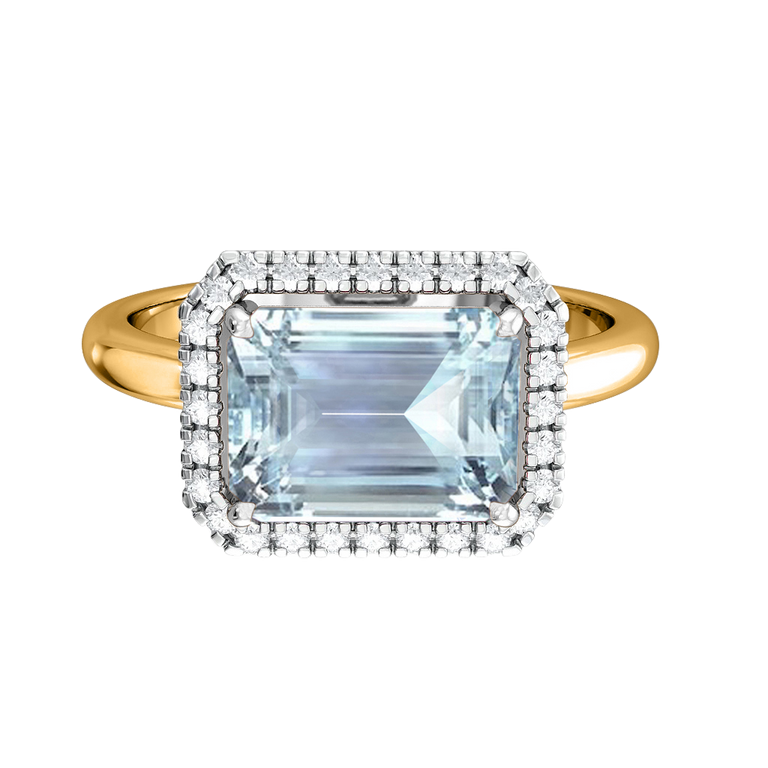 East West Emerald Aquamarine 18K Yellow Gold Ring