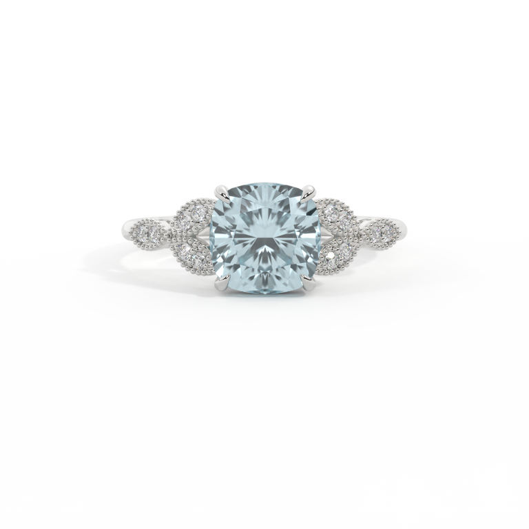 Floral Cushion Aquamarine Platinum Ring