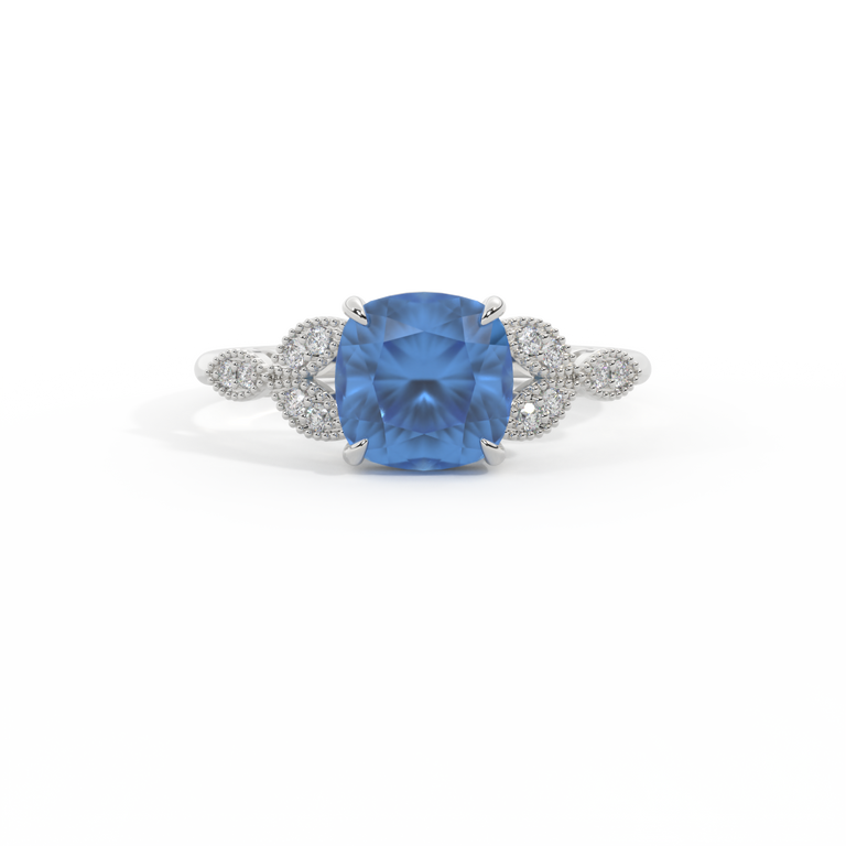 Floral Cushion Blue Sapphire Platinum Ring