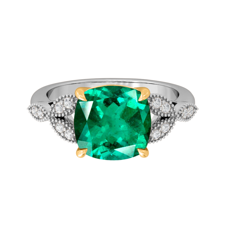 Floral Cushion Emerald Platinum Ring