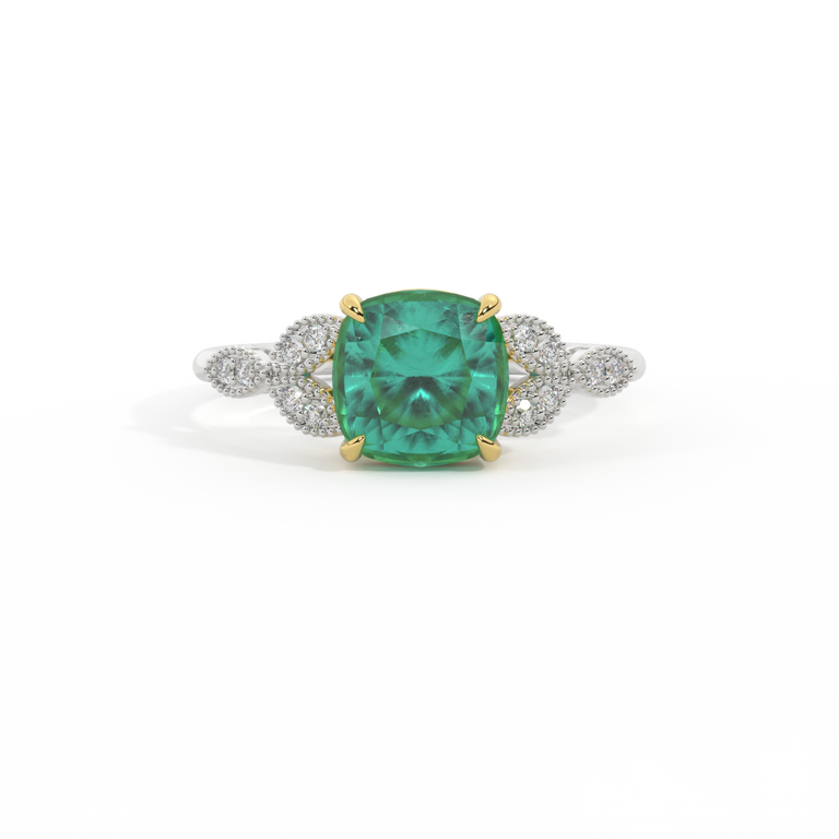 Floral Cushion Emerald Platinum Ring