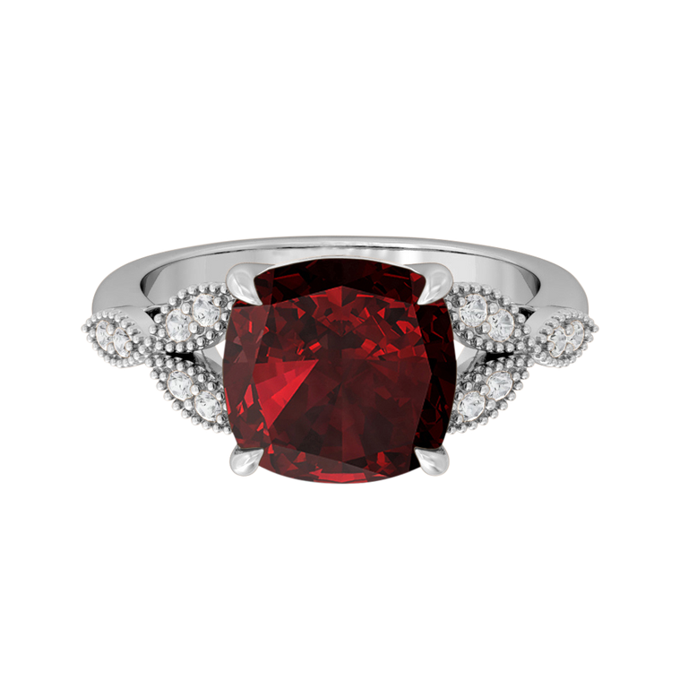 Floral Cushion Garnet Platinum Ring