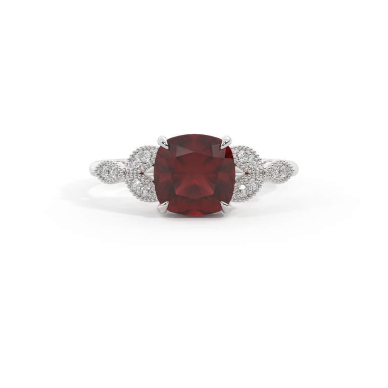 Floral Cushion Garnet Platinum Ring