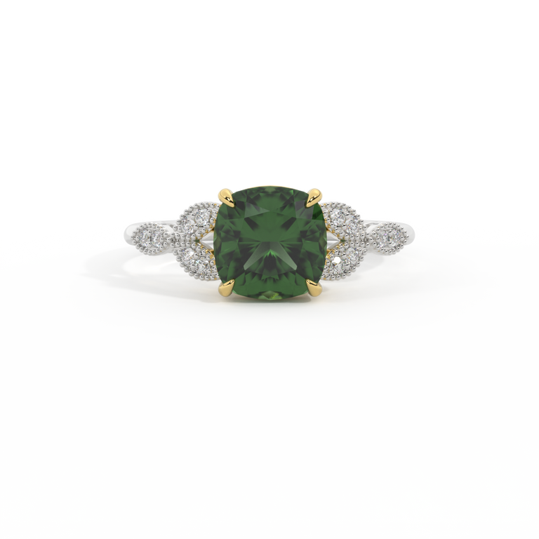 Floral Cushion Green Sapphire Platinum Ring