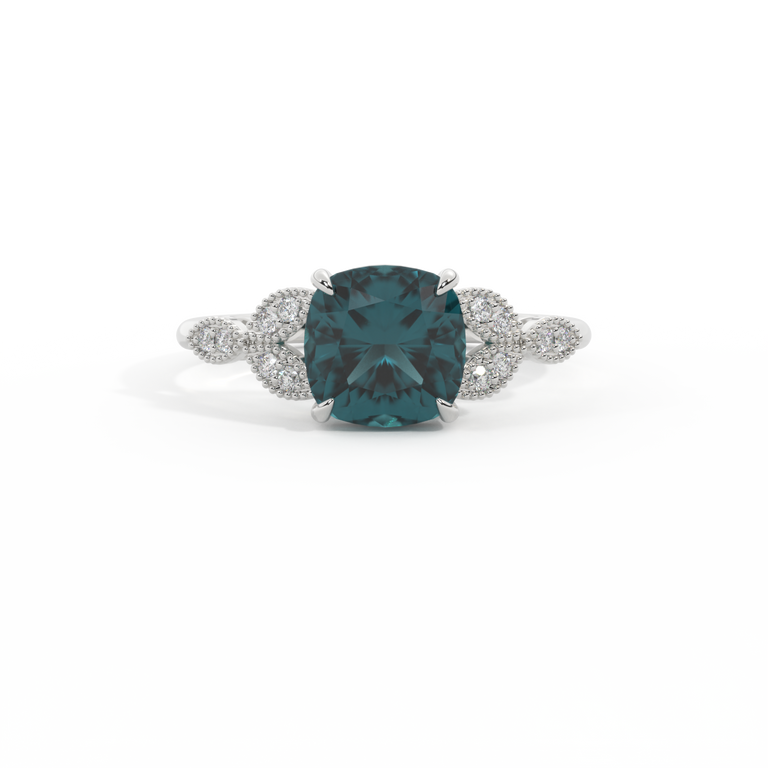 Floral Cushion Teal Sapphire Platinum Ring