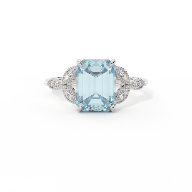 Floral Emerald Aquamarine Platinum Ring