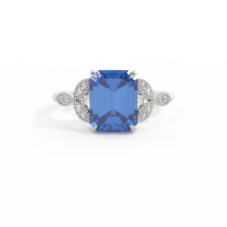 Floral Emerald Blue Sapphire Platinum Ring