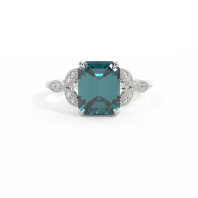 Floral Emerald Teal Sapphire Platinum Ring