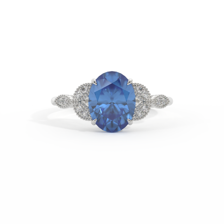 Floral Oval Blue Sapphire Platinum Ring