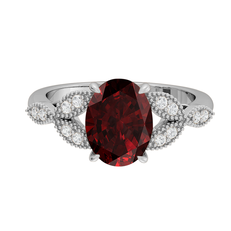 Floral Oval Garnet Platinum Ring