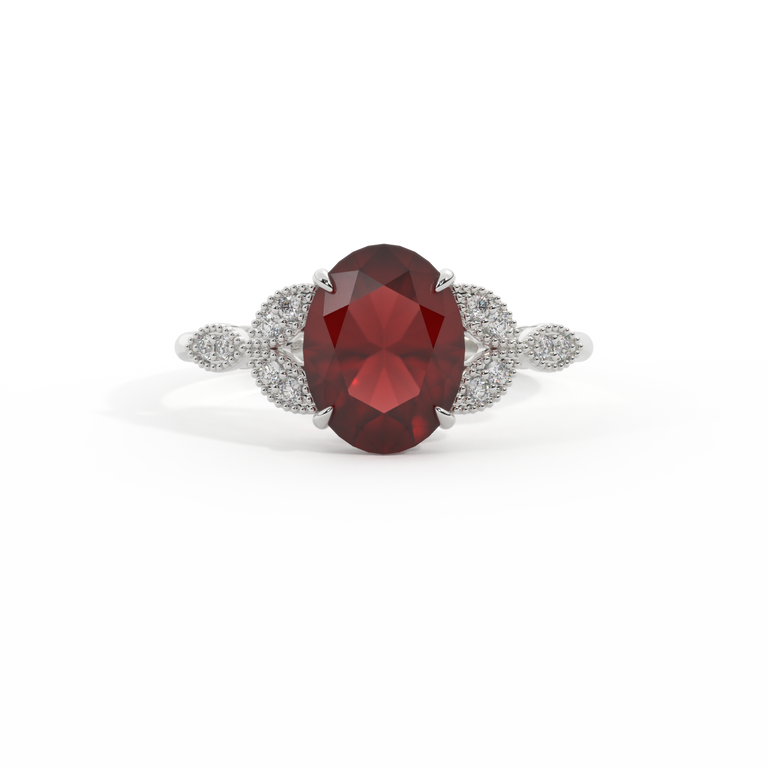 Floral Oval Garnet Platinum Ring