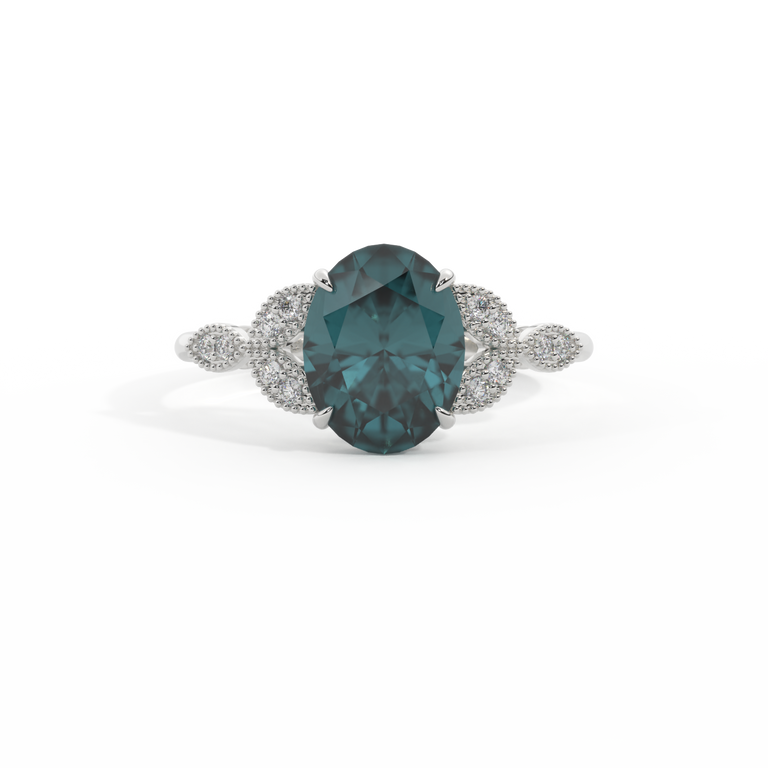 Floral Oval Teal Sapphire Platinum Ring
