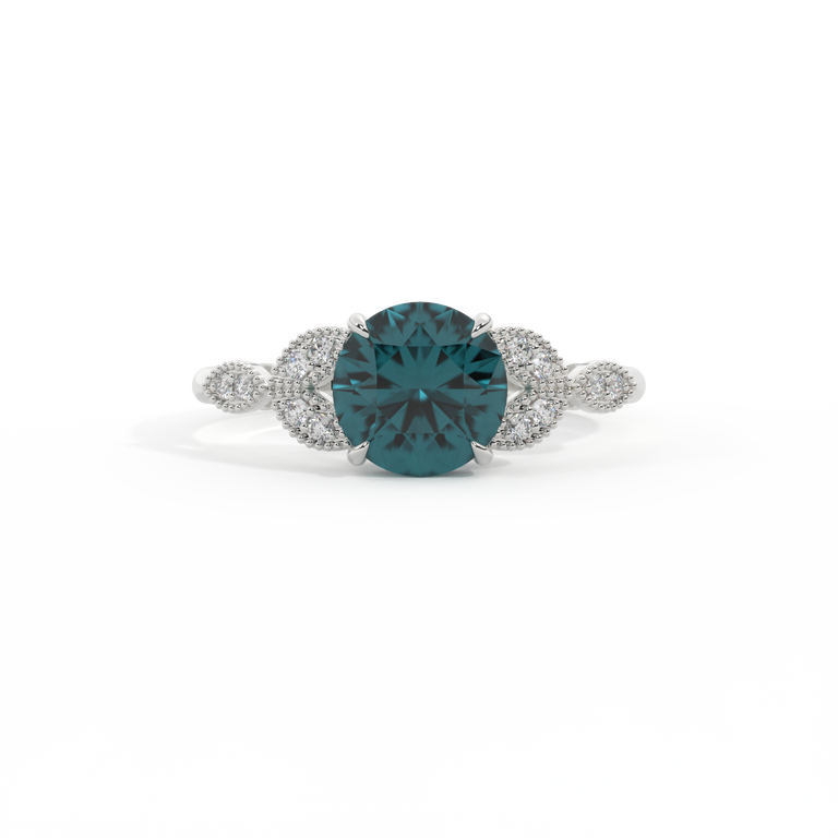 Floral Round Teal Sapphire Platinum Ring