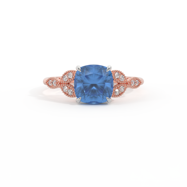 Floral Cushion Blue Sapphire 18K Rose Gold Ring