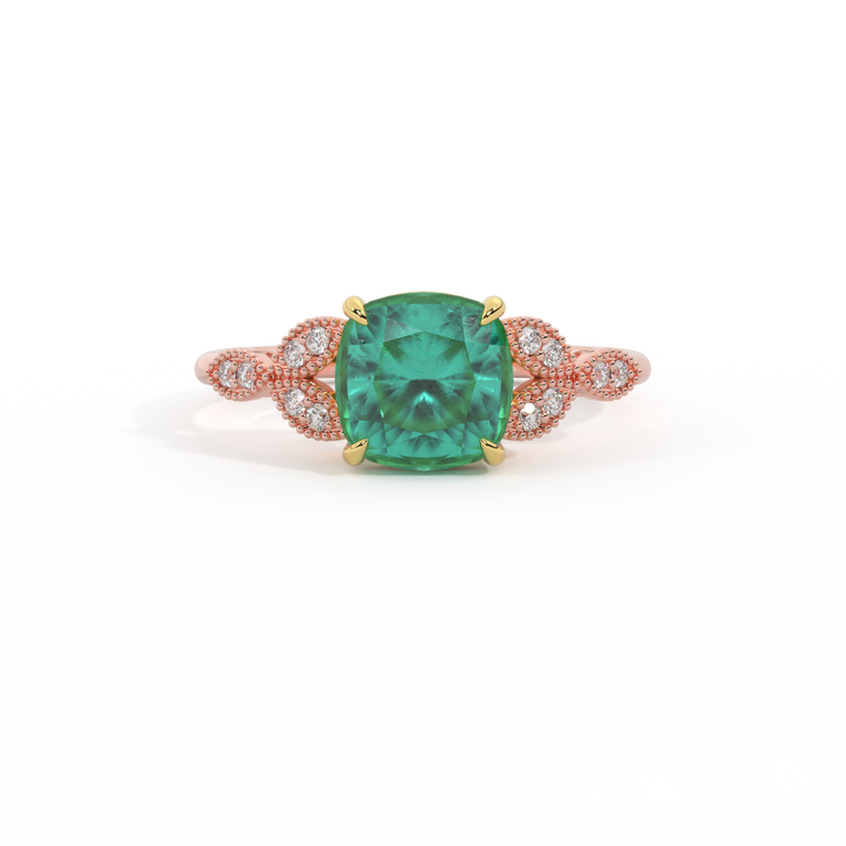 Floral Cushion Emerald 18K Rose Gold Ring