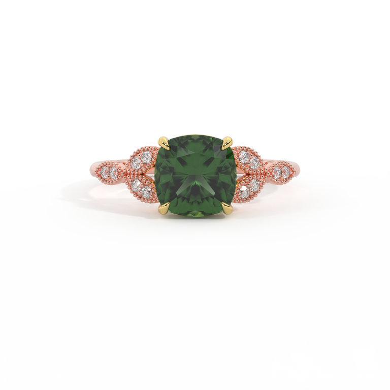 Floral Cushion Green Sapphire 18K Rose Gold Ring