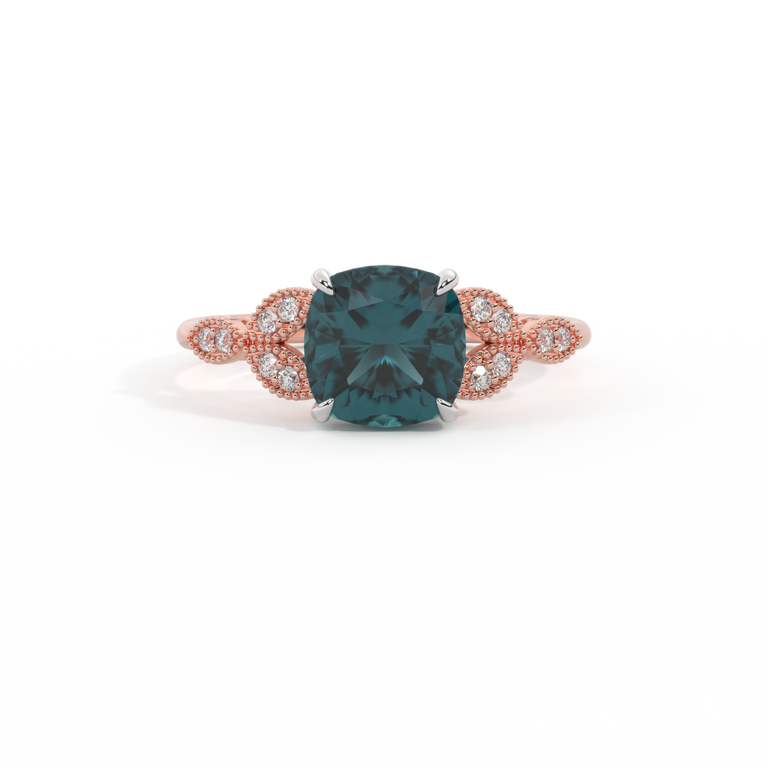 Floral Cushion Teal Sapphire 18K Rose Gold Ring