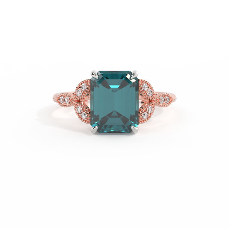 Floral Emerald Teal Sapphire 18K Rose Gold Ring