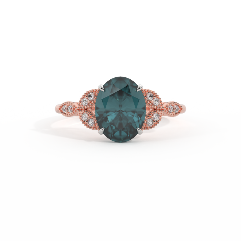 Floral Oval Teal Sapphire 18K Rose Gold Ring