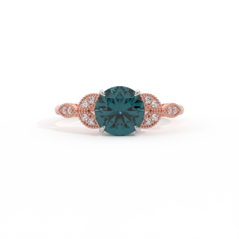 Floral Round Teal Sapphire 18K Rose Gold Ring