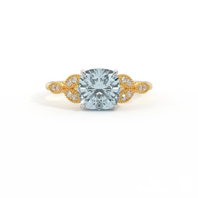 Floral Cushion Aquamarine 18K Yellow Gold Ring