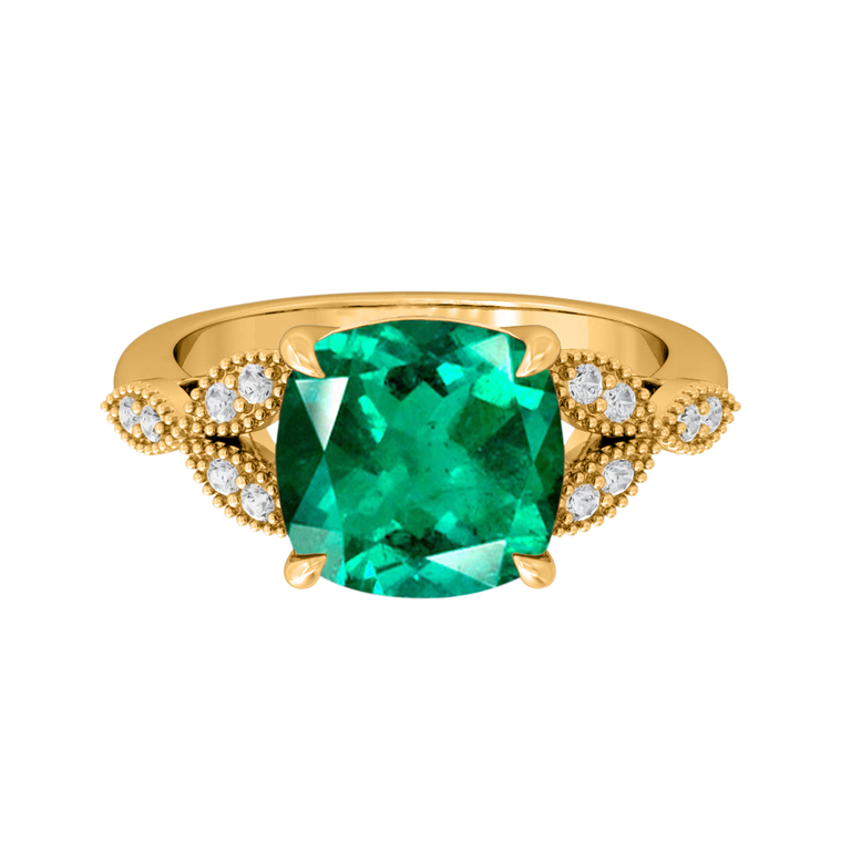 Floral Cushion Emerald 18K Yellow Gold Ring