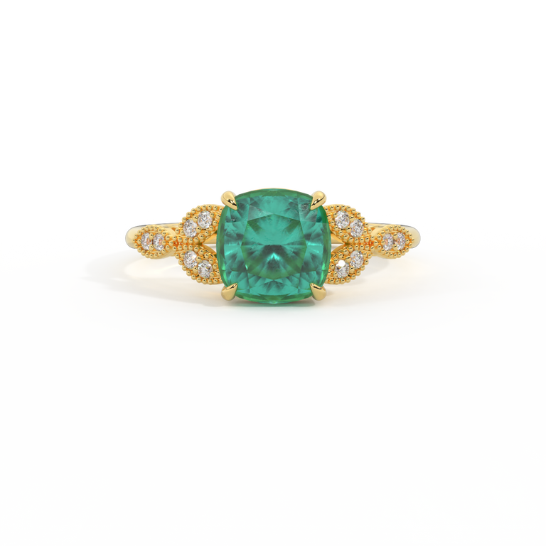 Floral Cushion Emerald 18K Yellow Gold Ring