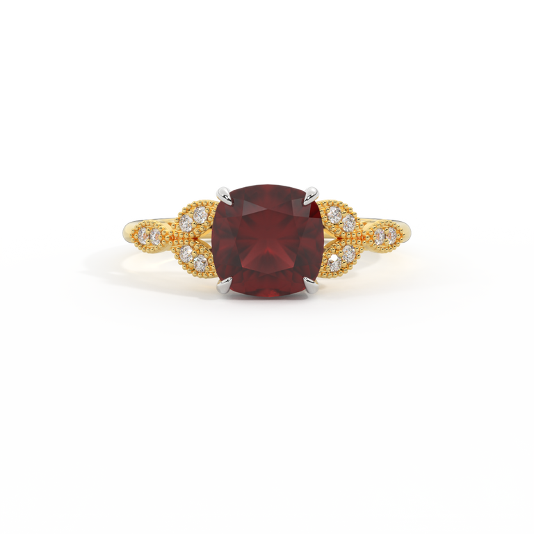 Floral Cushion Garnet 18K Yellow Gold Ring