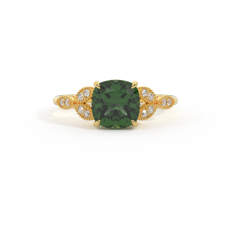 Floral Cushion Green Sapphire 18K Yellow Gold Ring