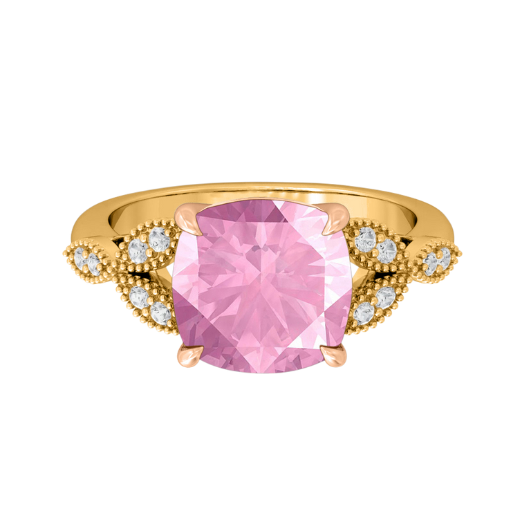 Floral Cushion Pink Sapphire 18K Yellow Gold Ring