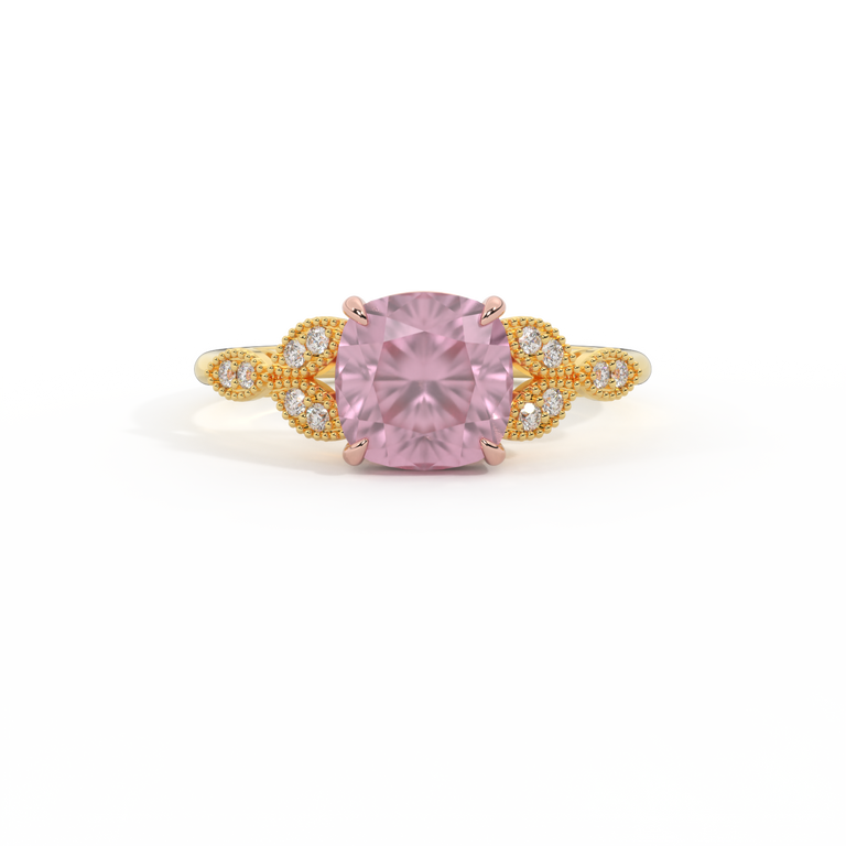 Floral Cushion Pink Sapphire 18K Yellow Gold Ring
