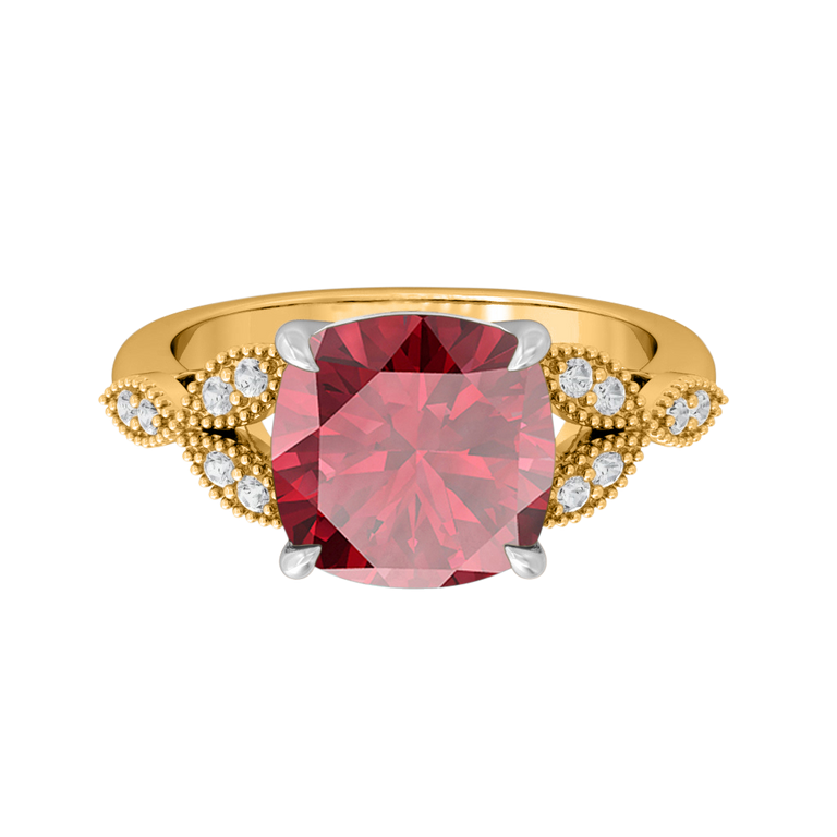 Floral Cushion Ruby 18K Yellow Gold Ring